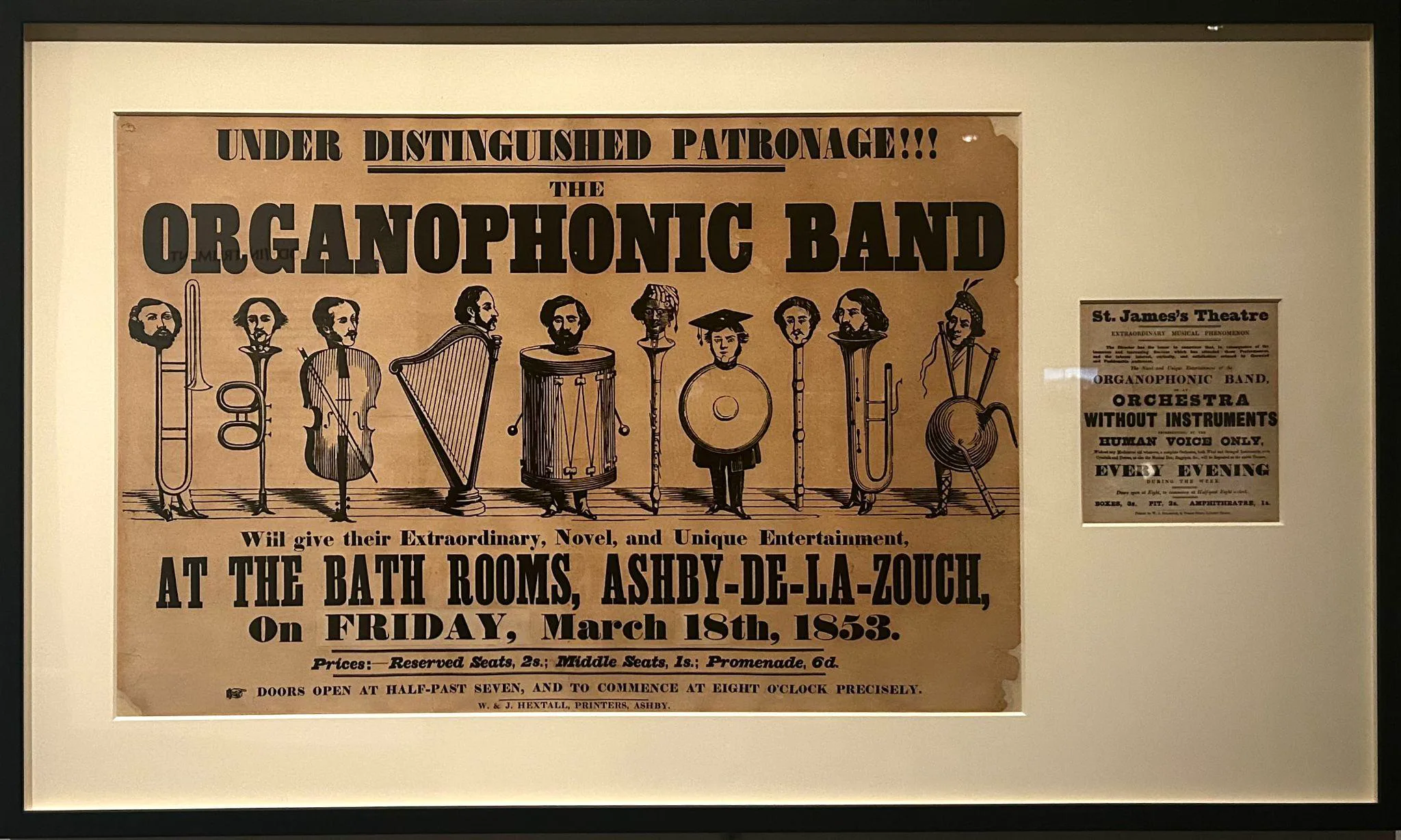 Left: Poster for the Organophonic Band, 1853, Printed in England; Right: Announcement for the Organophonic Band, ca. 1850, Printed in England. Photo: Lanney Jing.